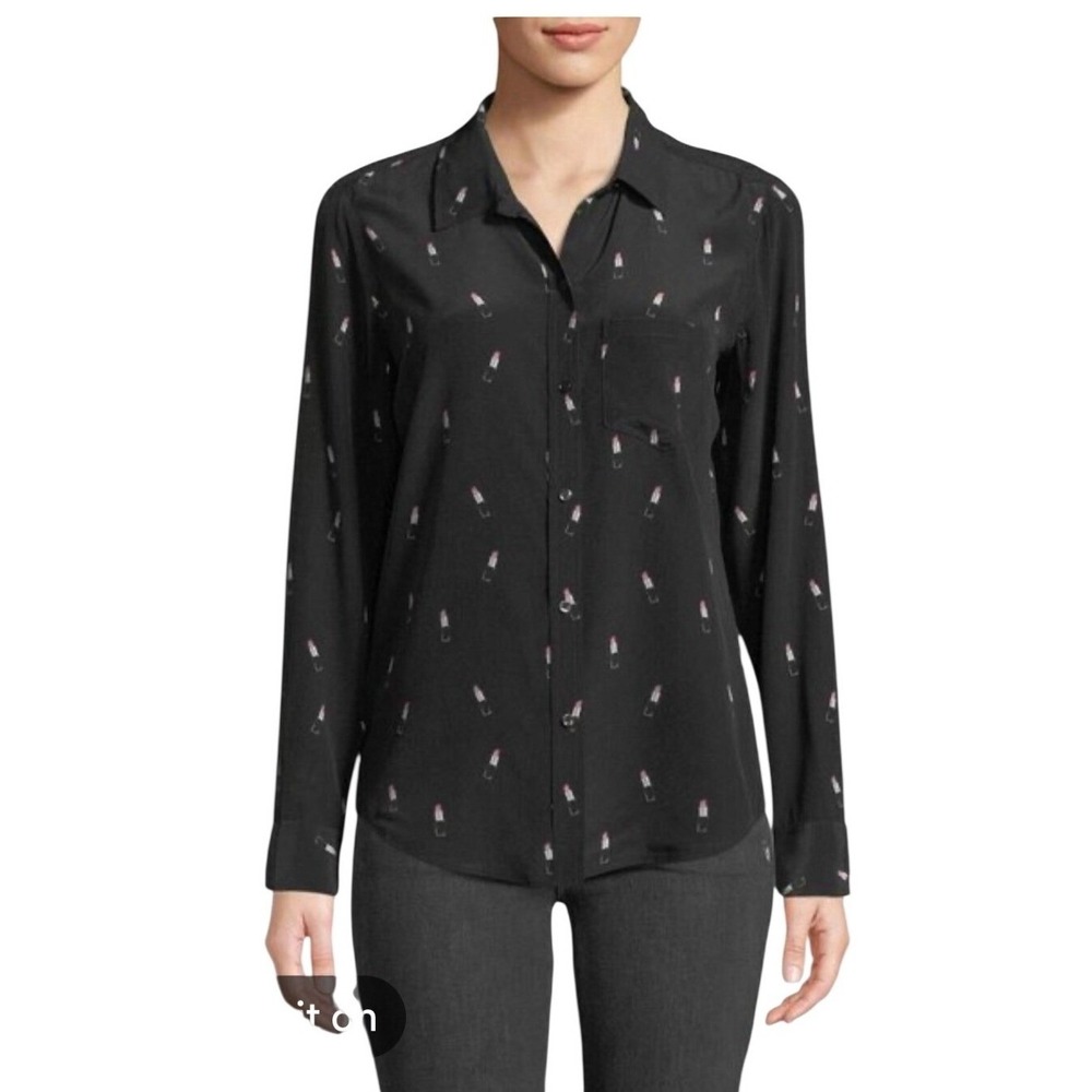Rails Kate Lipstick Print 100% Silk Shirt Black Long Sleeve Blouse Womens M